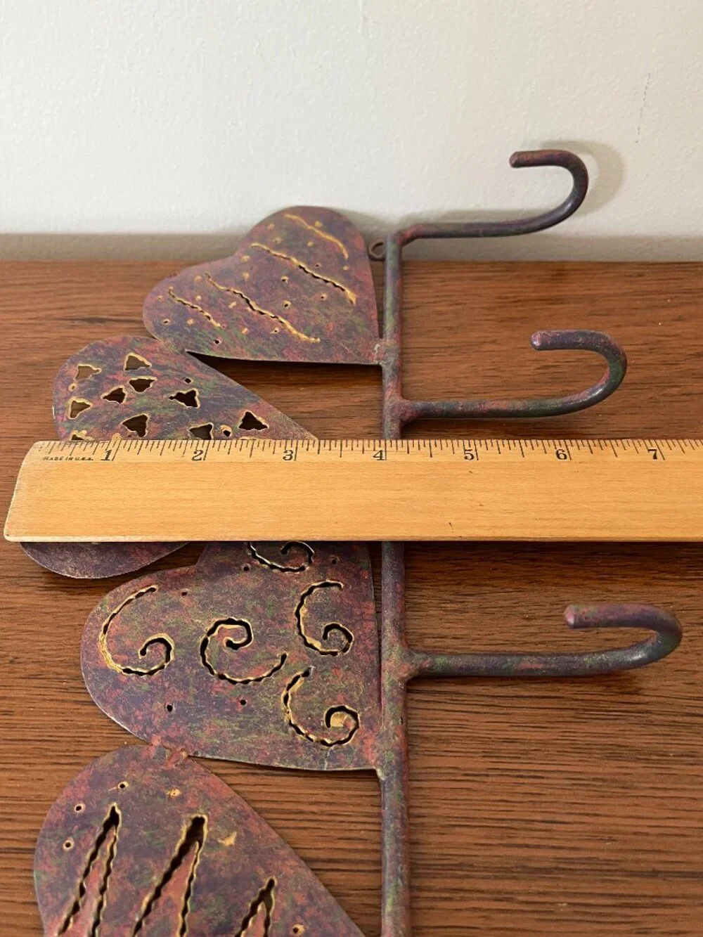 Rustic Bronze Metal Key Hook Small Rack Hearts Country Cottage Farmhouse Shabby
